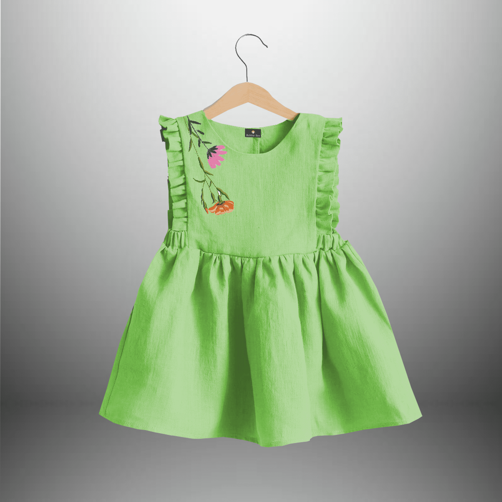 Girls Knee Length Frock with Frills and Flower Motif-RKFCW379